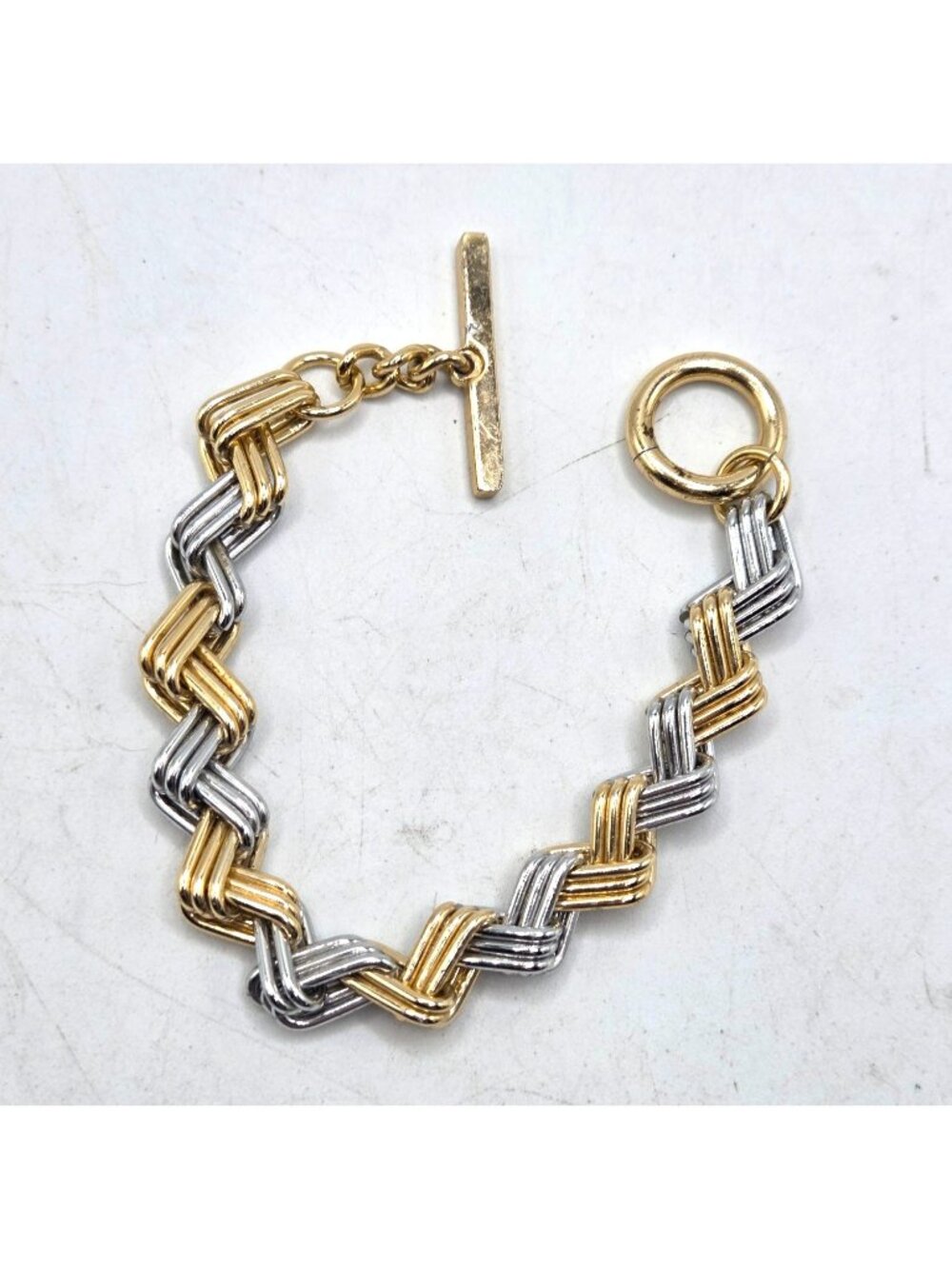 Gold & Silver Tone Woven Chain Bracelet With Toggle Clasp- Unisex  9"